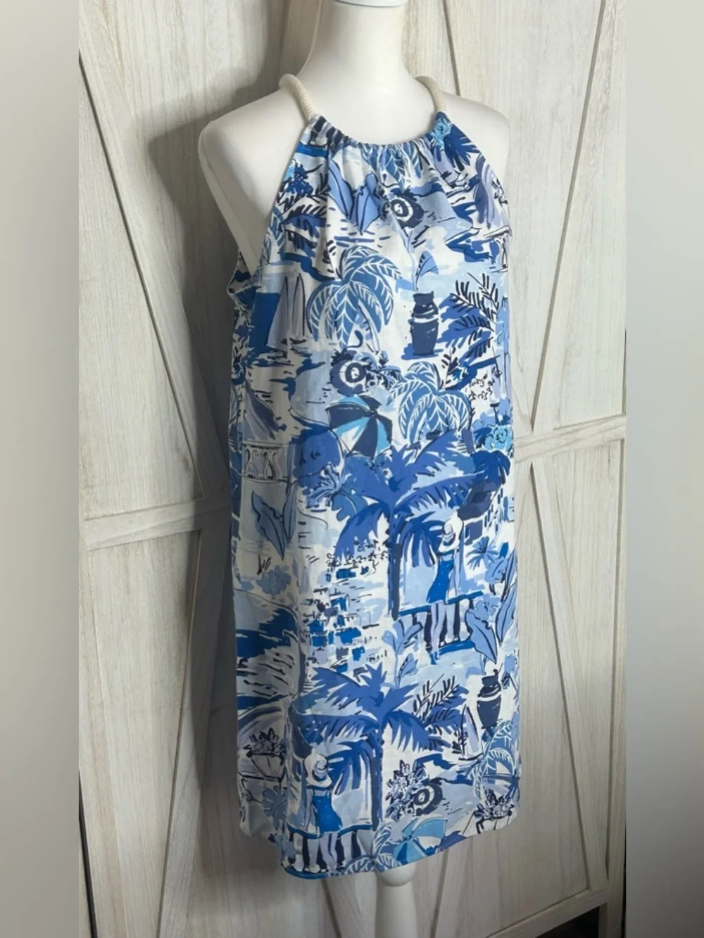 London Times NWT Blue and White Tropical Halter Dress Sz 10 Resortwear Linen